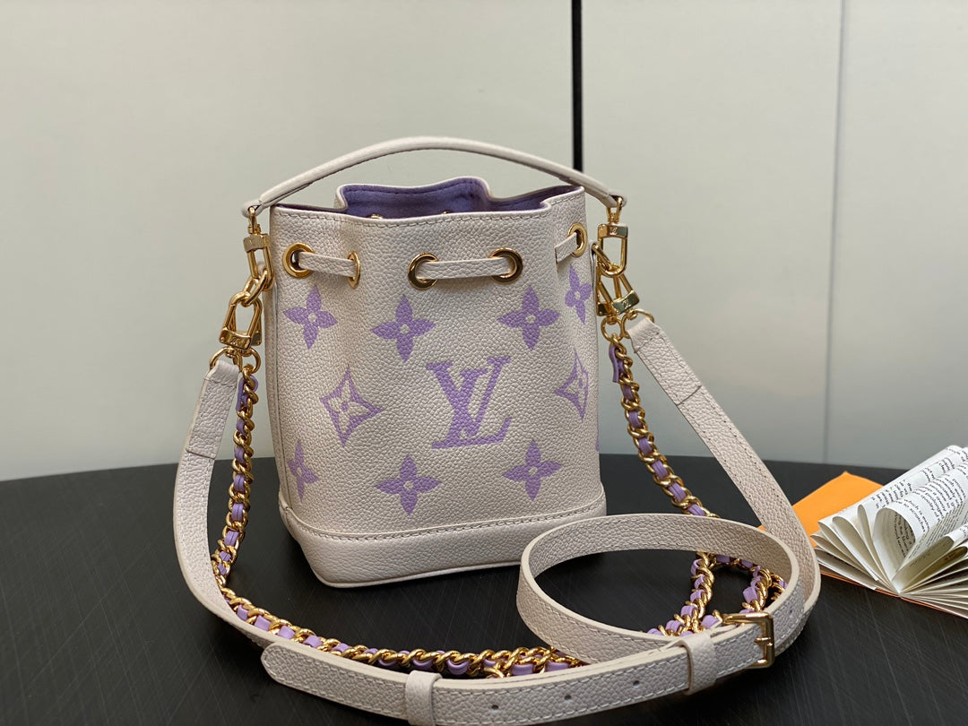 NANO NOE 13 CREAM PURPLE MONOGRAM CALFSKIN GOLD HARDWARE