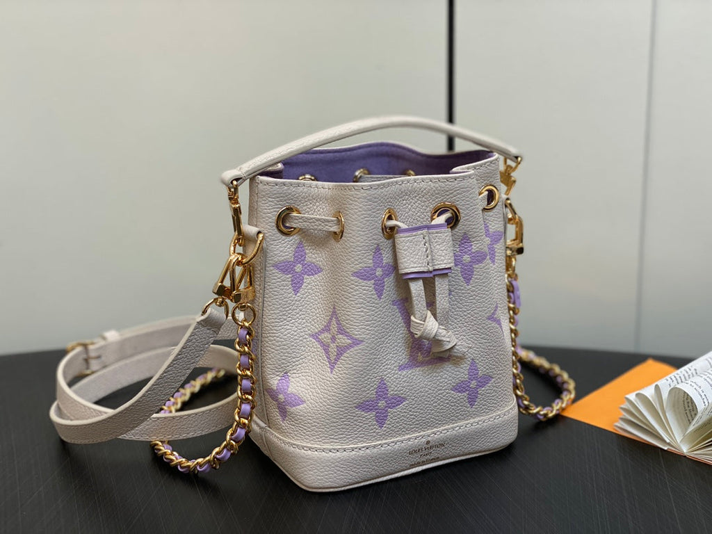 NANO NOE 13 CREAM PURPLE MONOGRAM CALFSKIN GOLD HARDWARE