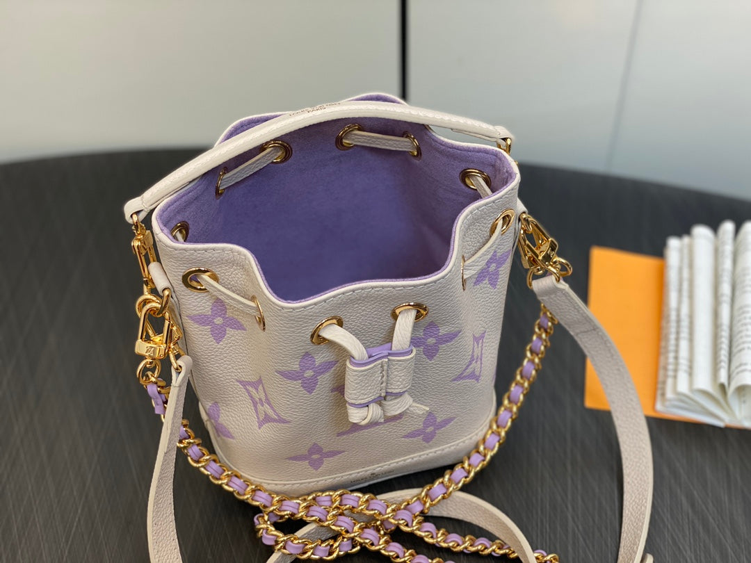 NANO NOE 13 CREAM PURPLE MONOGRAM CALFSKIN GOLD HARDWARE