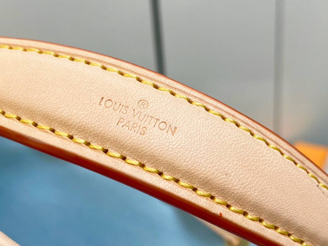 NANO NOE 13 TOILE DAMIER CUIR DE VEAU BEIGE MATÉRIEL OR