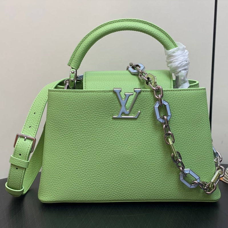 CAPUCINES MM 31,5 CUIR TAURILLON VERT TURQUOISE QUINCAILLERIE ARGENTÉE
