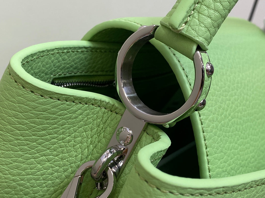 CAPUCINES MM 31.5 GREEN TAURILLON LEATHER TURQUOISE SILVER HARDWARE