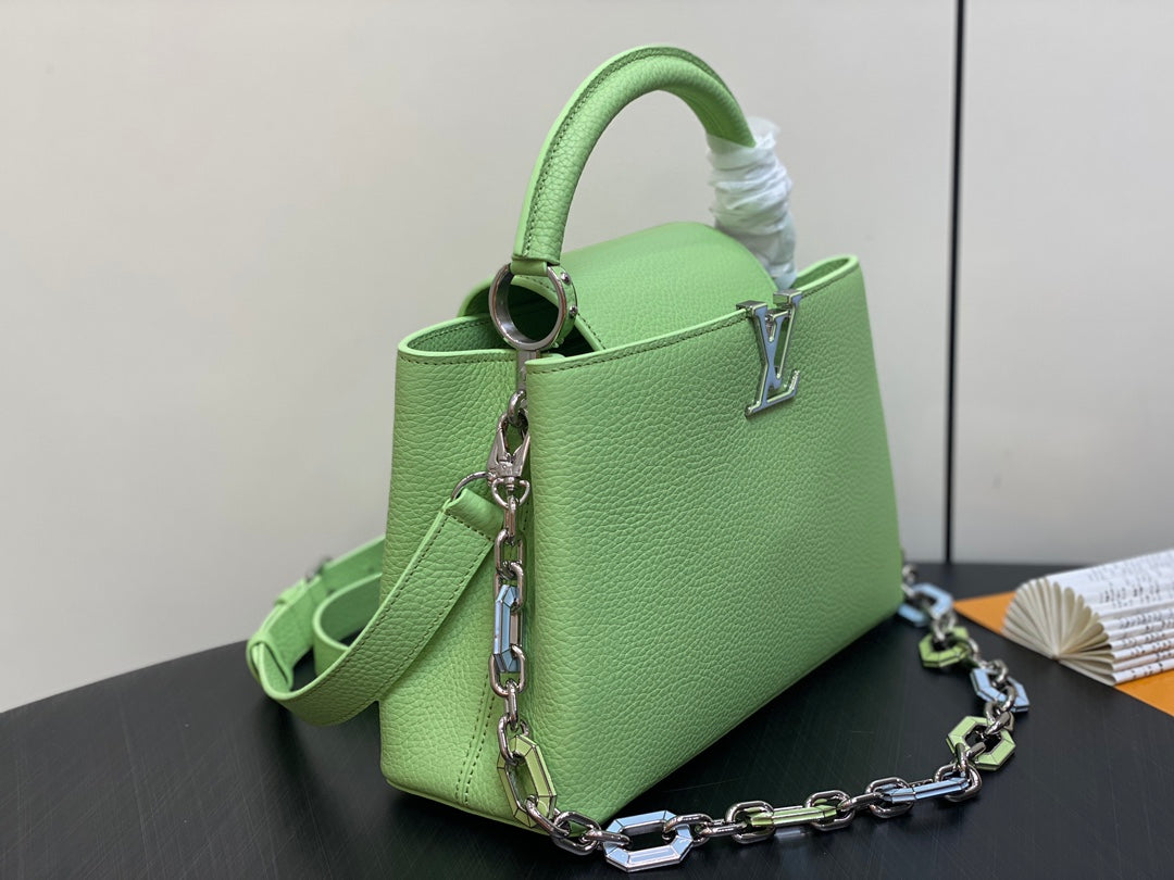 CAPUCINES MM 31,5 CUIR TAURILLON VERT TURQUOISE QUINCAILLERIE ARGENTÉE