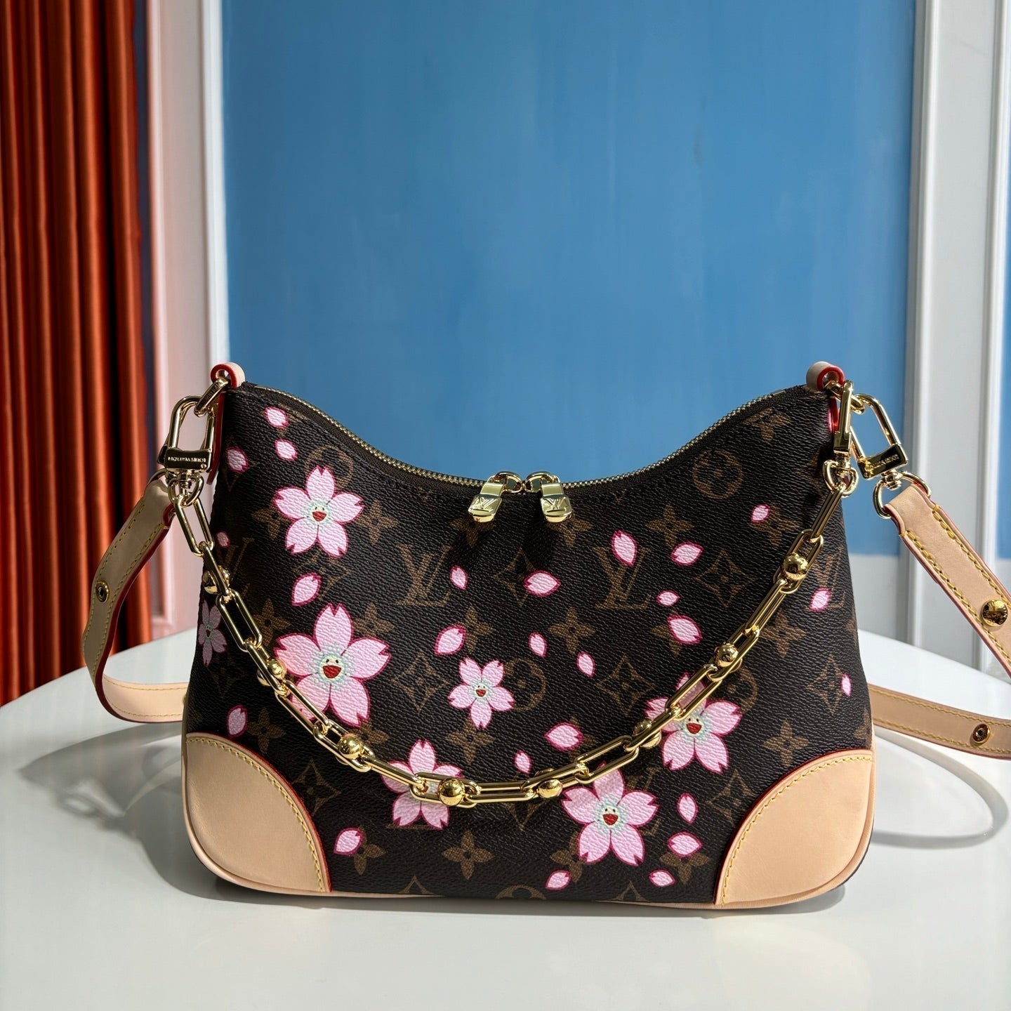 LV X TM BOULOGNE PM 29CM TOILE MONOGRAMME SAKURA MARRON FLEUR DE CERISIER