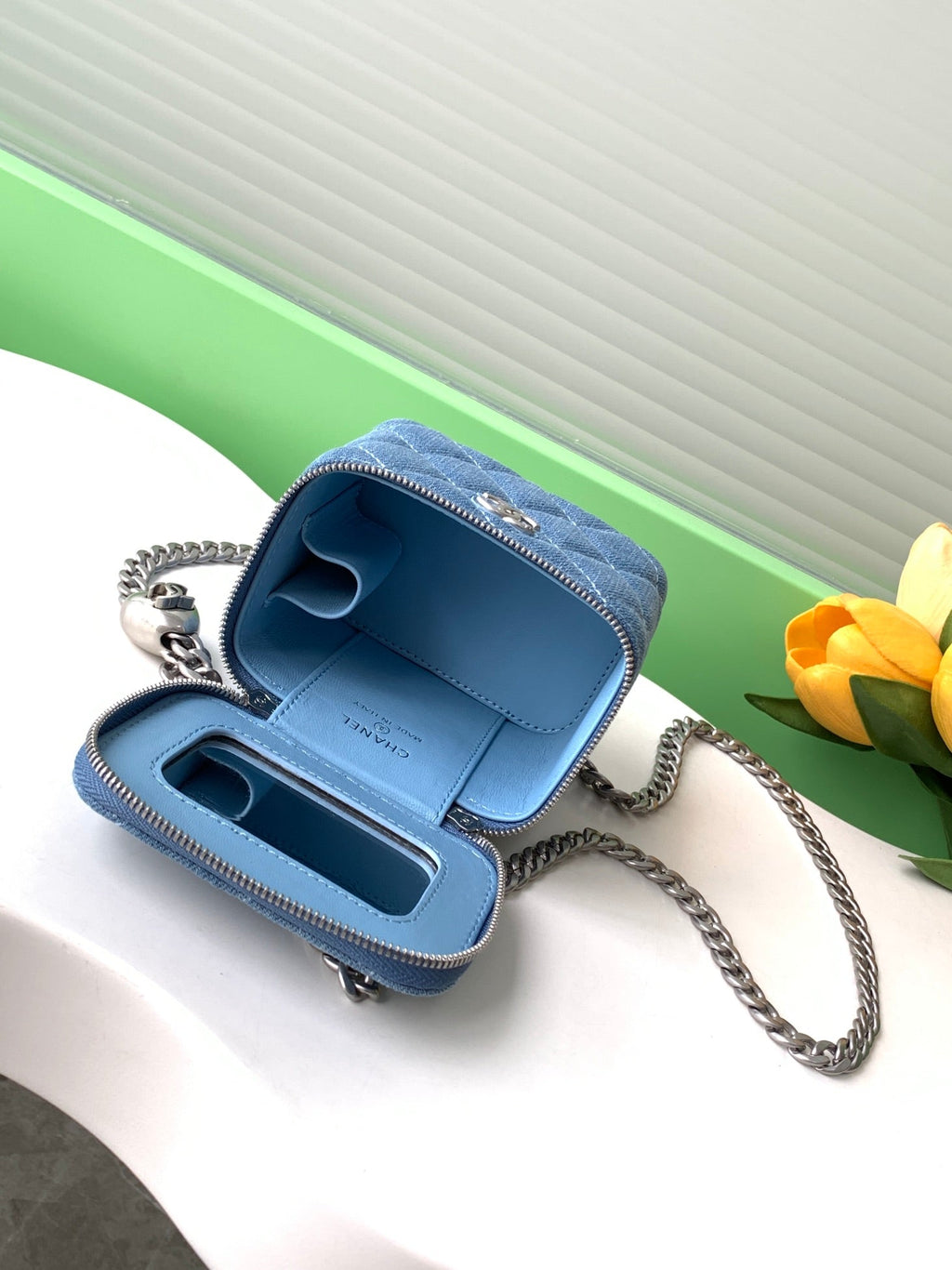 CC 24K VANITY 11CM BLEU DENIM QUINCAILLERIE ARGENTÉE 