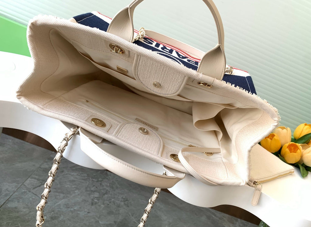 CC 25C TOTE  BAG BEIGE NAVY BLUE CANVAS FABRIC 238518