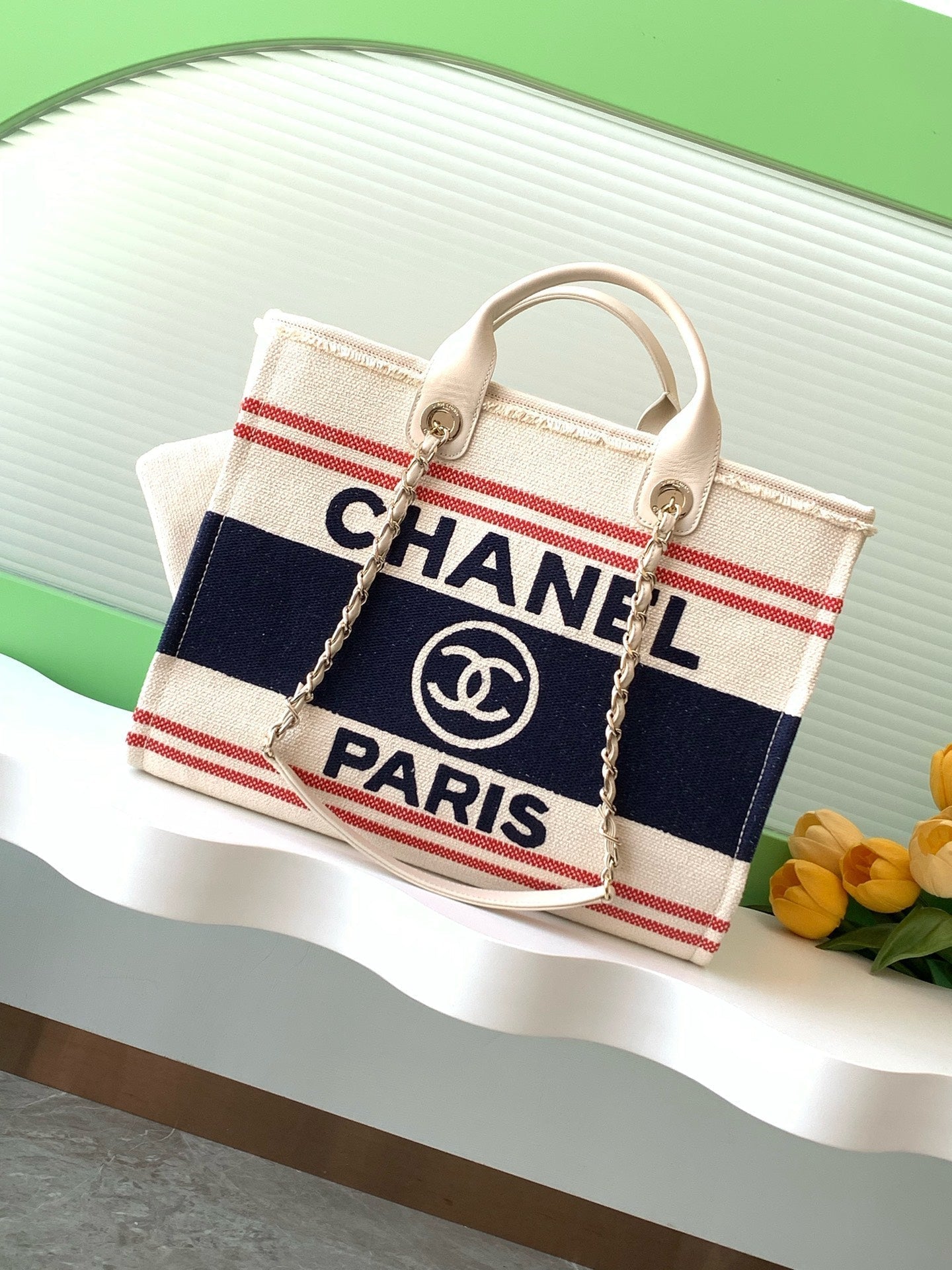 CC 25C TOTE  BAG BEIGE NAVY BLUE CANVAS FABRIC 238518