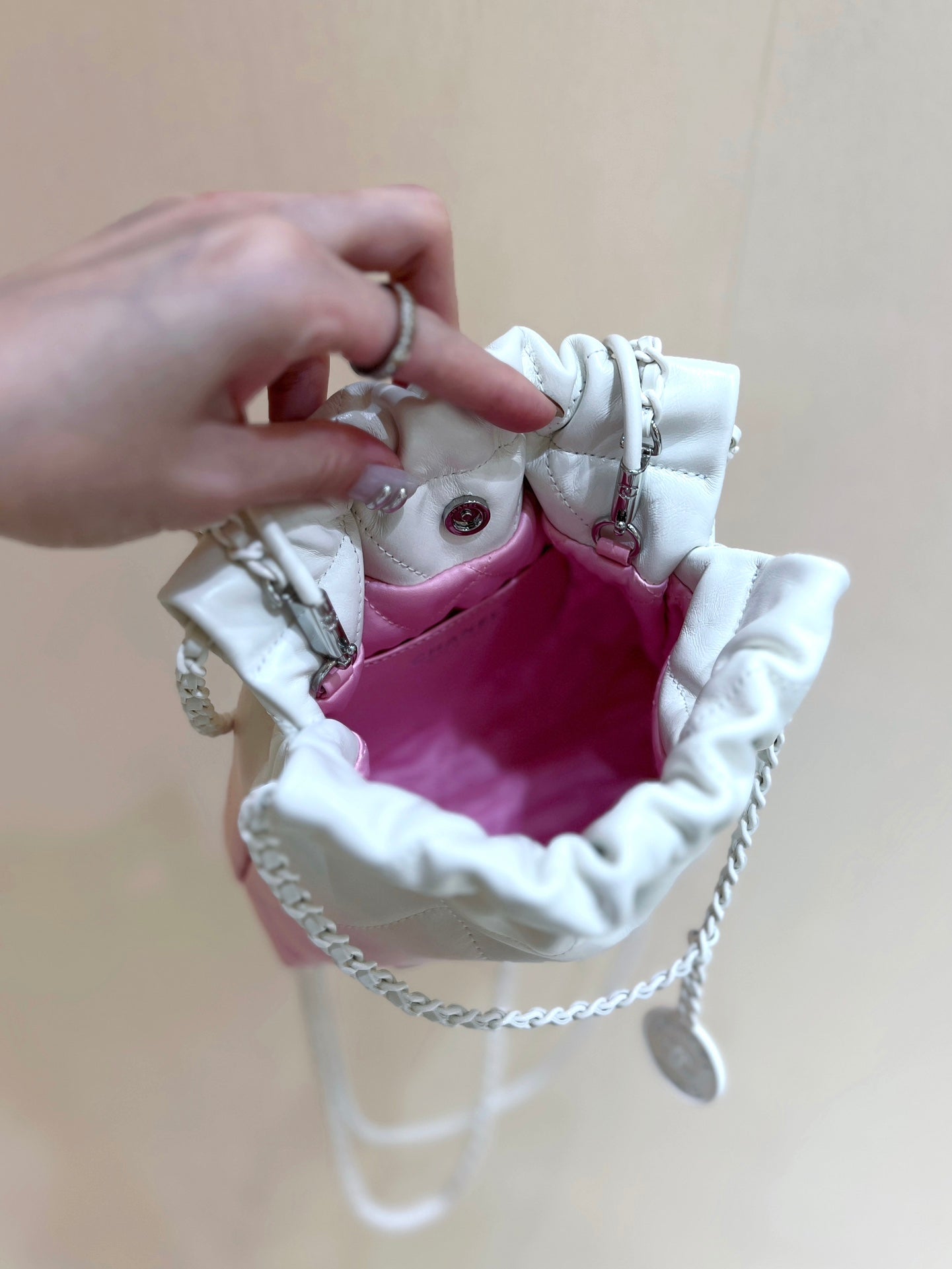 CC22 MINI HOBO BAG 20CM PINK WHITE LAMBSKIN SILVER HARDWARE