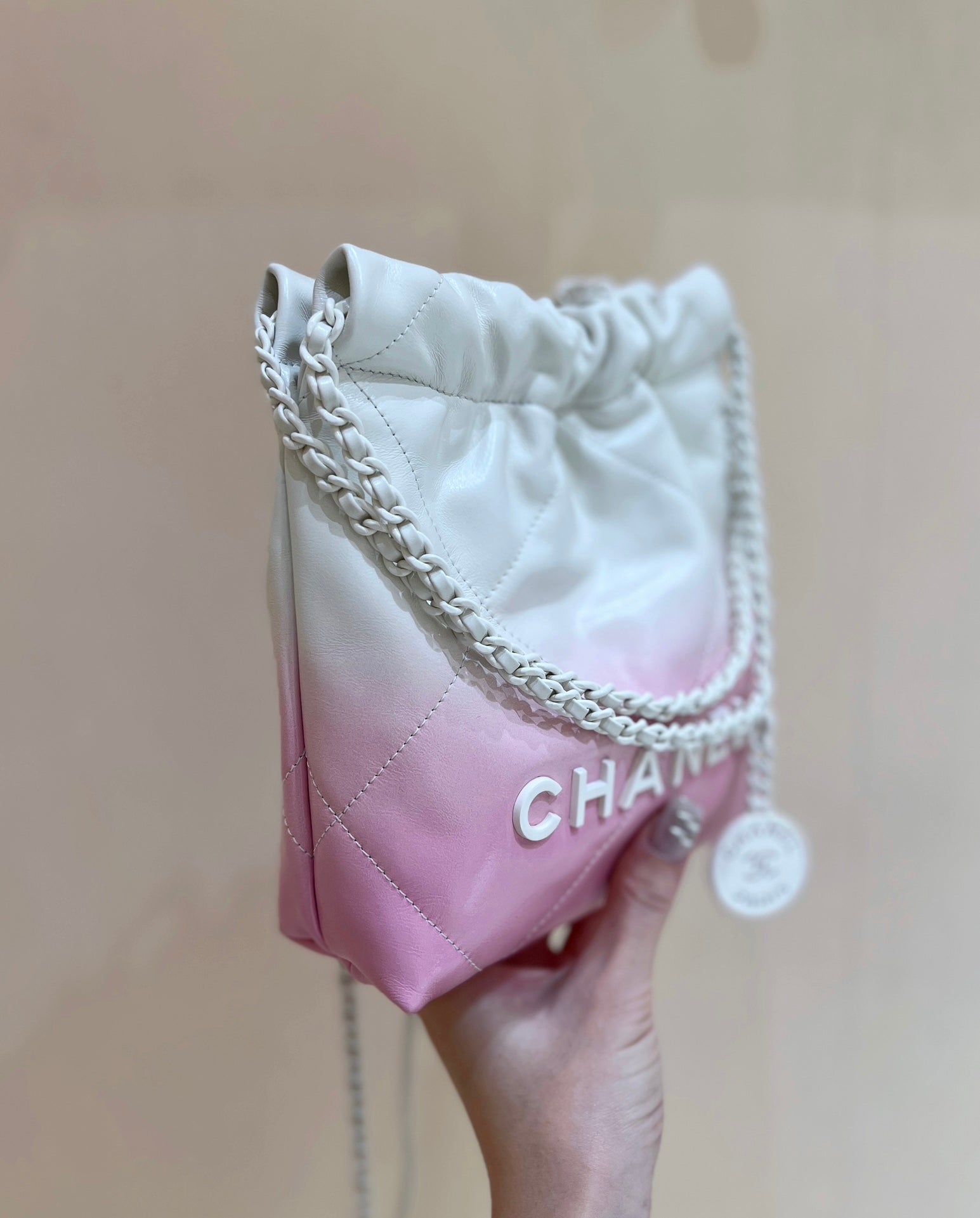 CC22 MINI HOBO BAG 20CM PINK WHITE LAMBSKIN SILVER HARDWARE