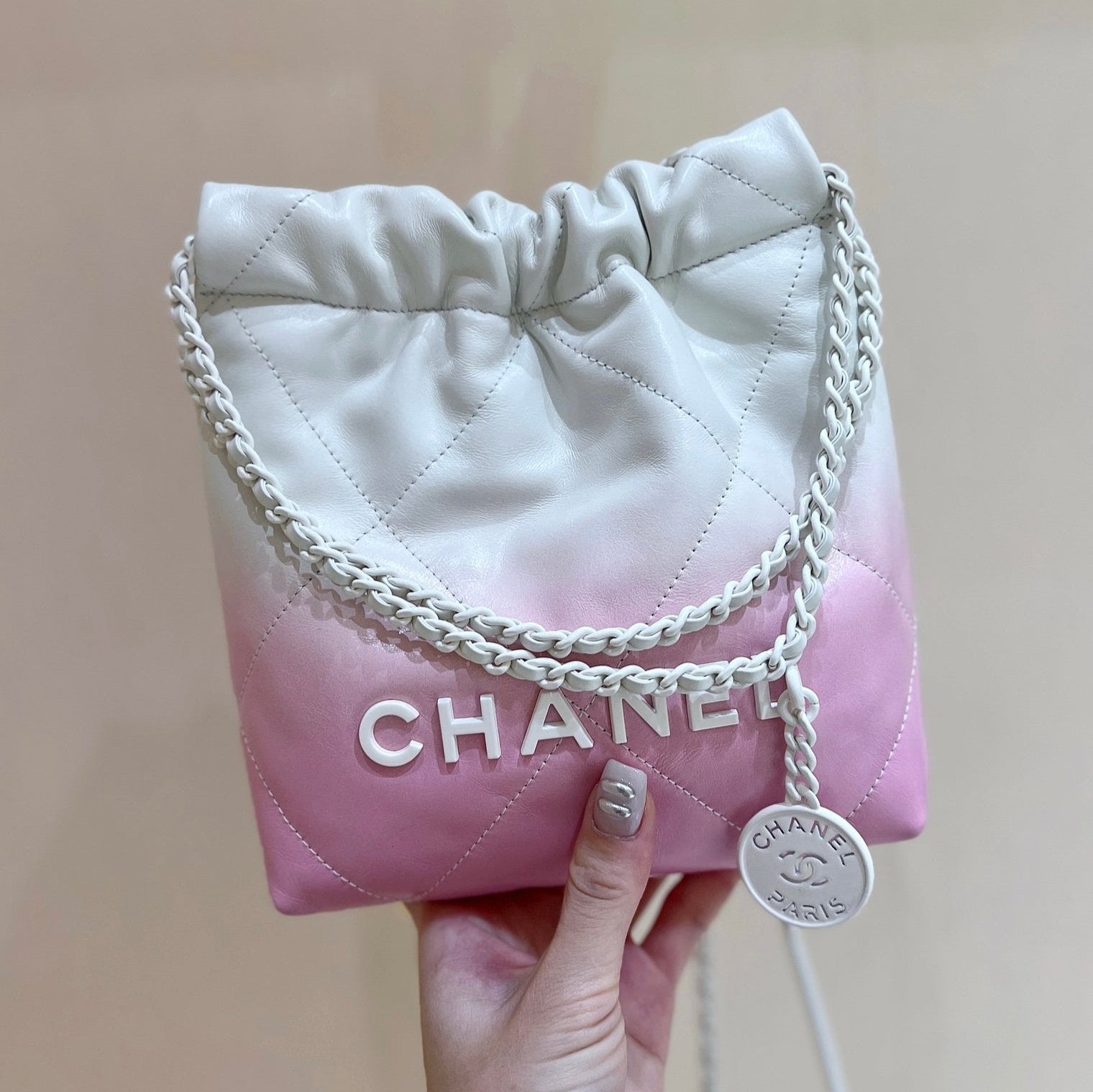 CC22 MINI HOBO BAG 20CM PINK WHITE LAMBSKIN SILVER HARDWARE