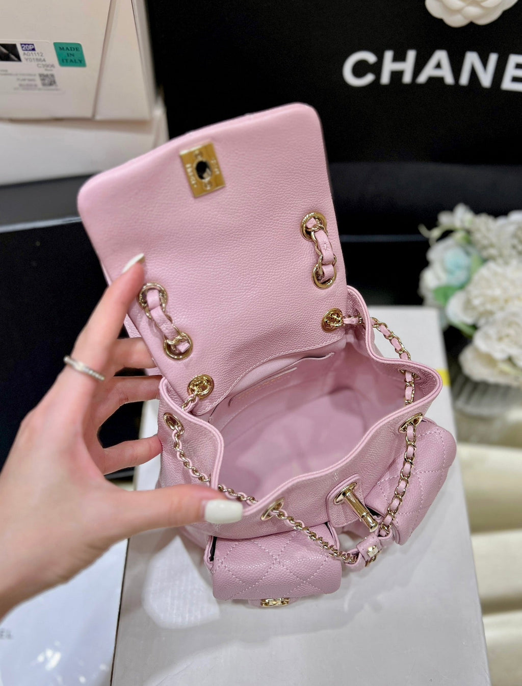 24A DUMA BACKPACK PINK CAVIAR LEATHER LIGHT GOLD HARDWARE