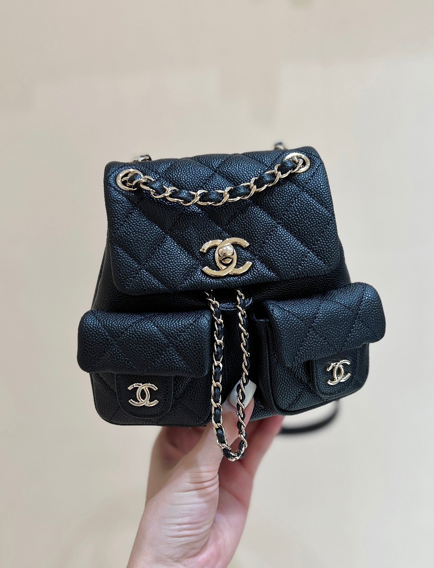 24A DUMA BACKPACK BLACK CAVIAR LEATHER LIGHT GOLD HARDWARE