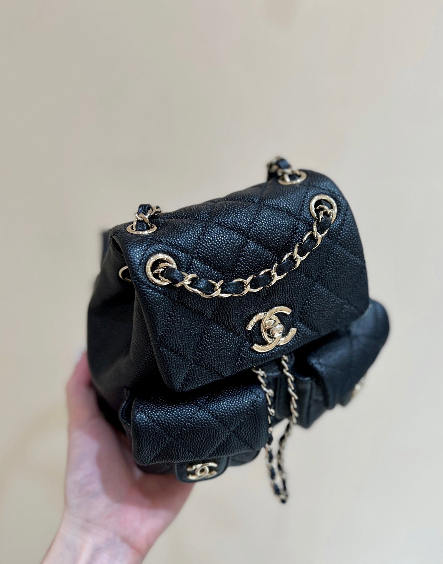 24A DUMA BACKPACK BLACK CAVIAR LEATHER LIGHT GOLD HARDWARE