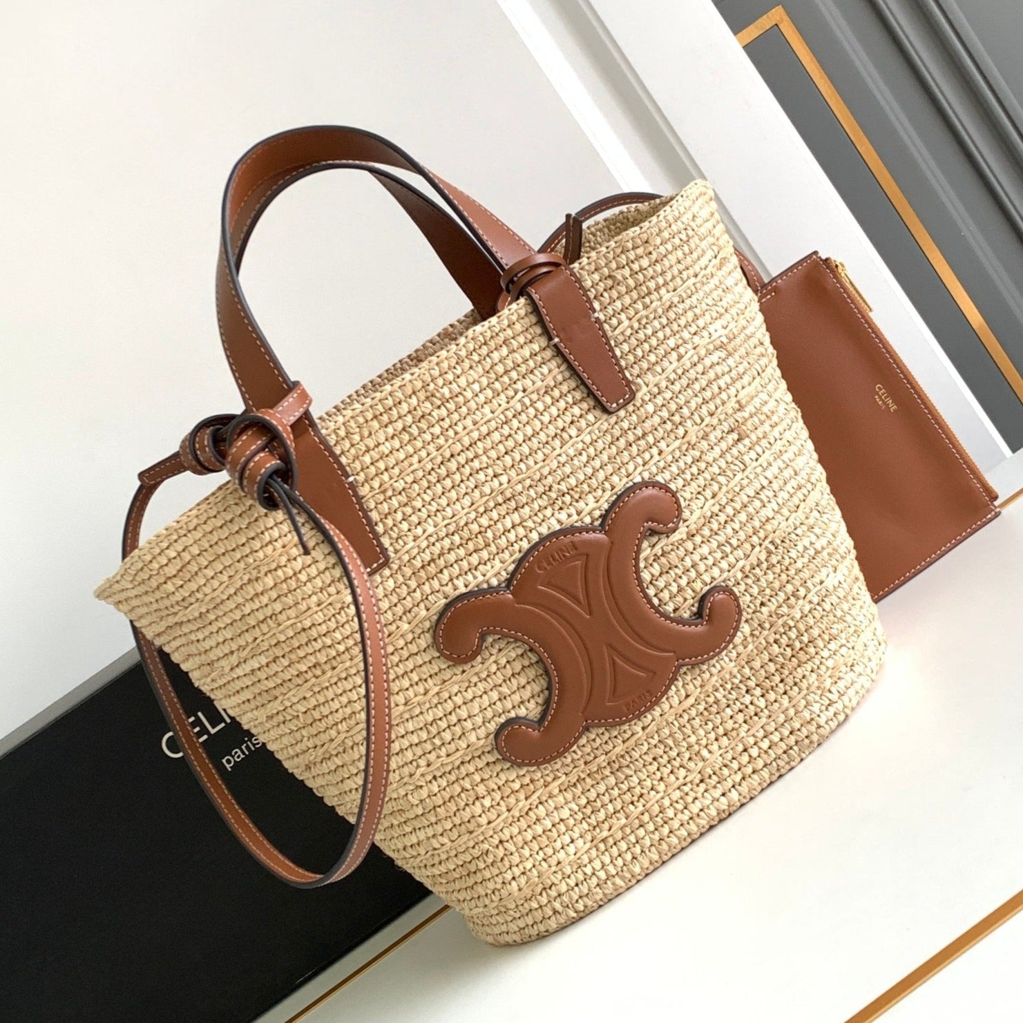 SAC CLASSIQUE ADO SOUPLE 21CM EN RAPHIA CUIR DE VEAU MARRON