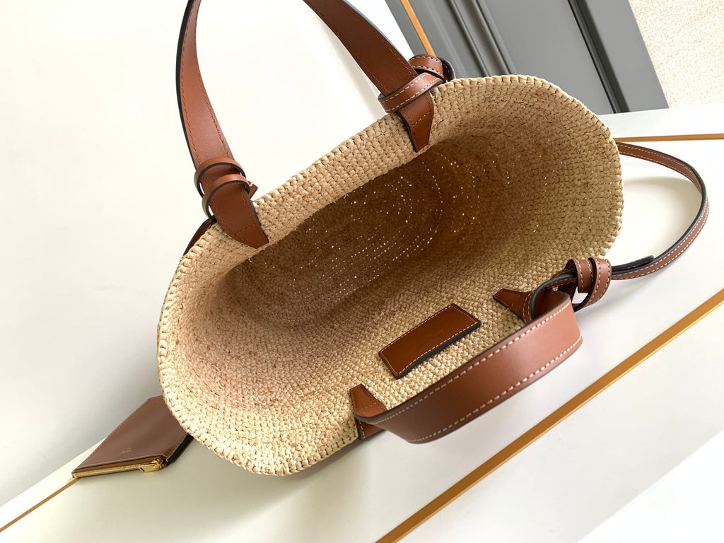 SAC CLASSIQUE ADO SOUPLE 21CM EN RAPHIA CUIR DE VEAU MARRON