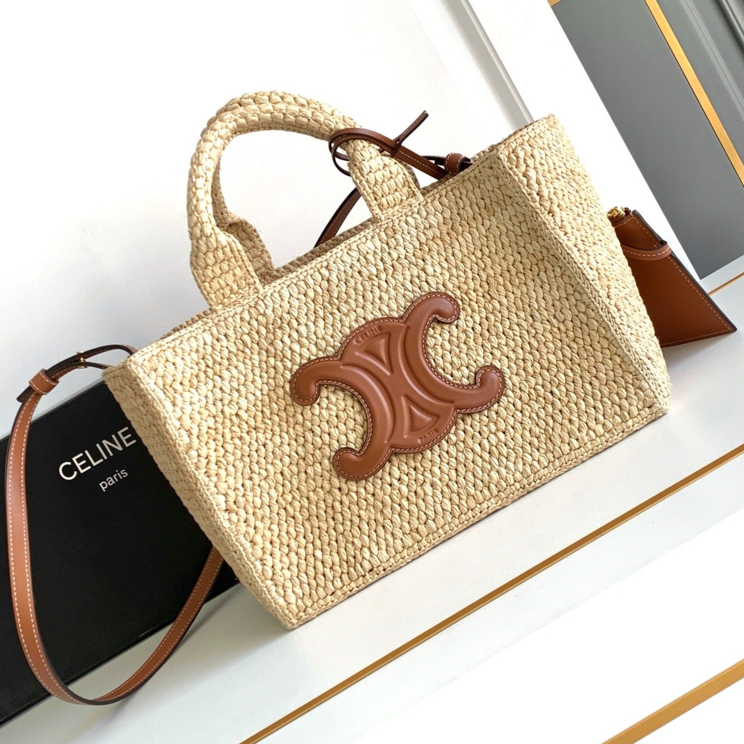PETIT CABAS THAIS 27CM RAPHIA CUIR DE VEAU MARRON