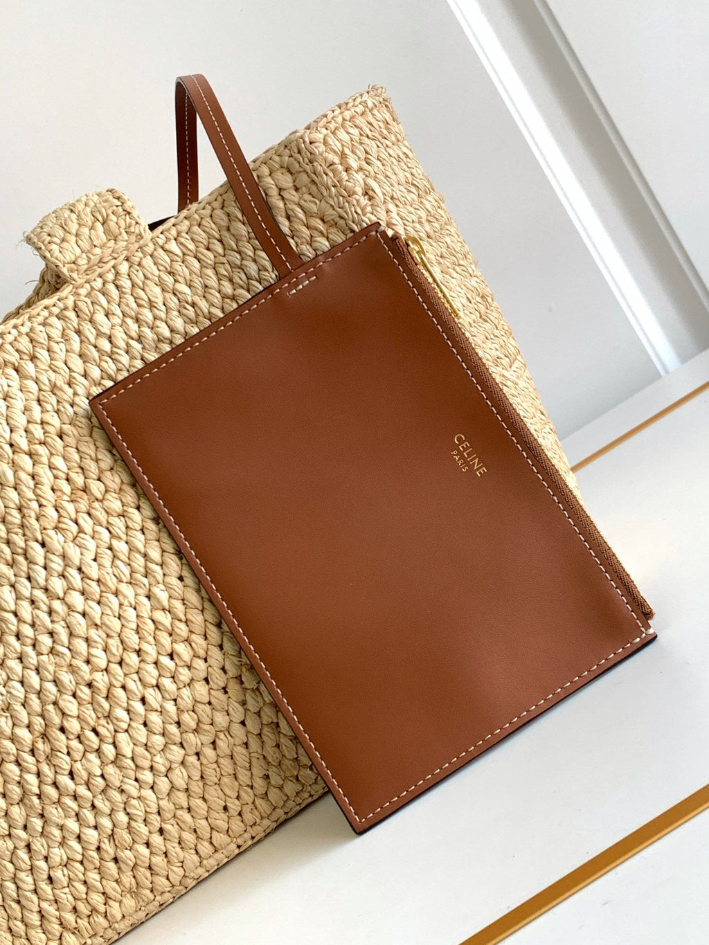 SMALL CABAS THAIS 27CM RAFFIA BROWN CALFSKIN