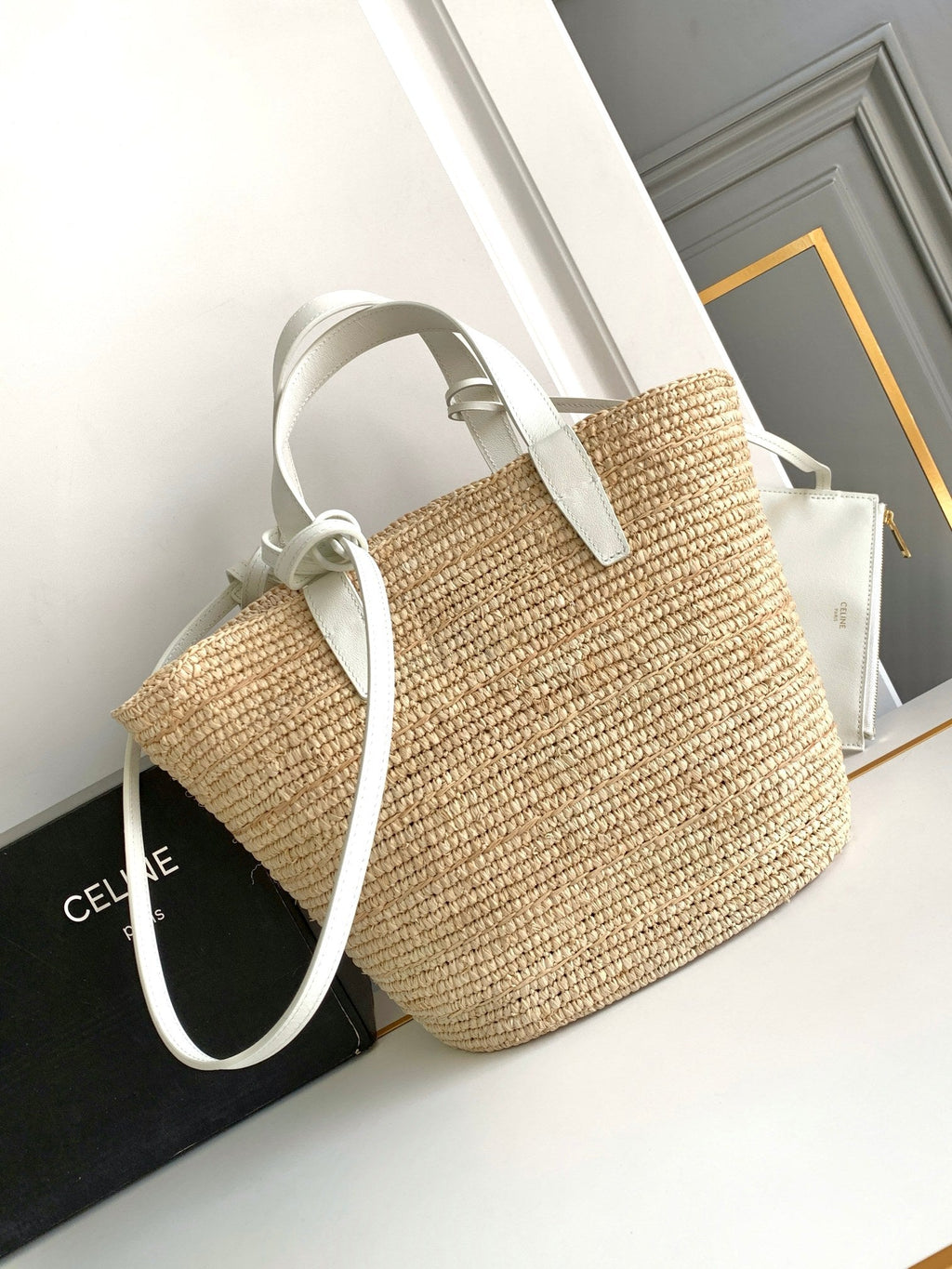 SAC CLASSIQUE ADO SOUPLE 21CM EN RAPHIA CUIR DE VEAU BLANC