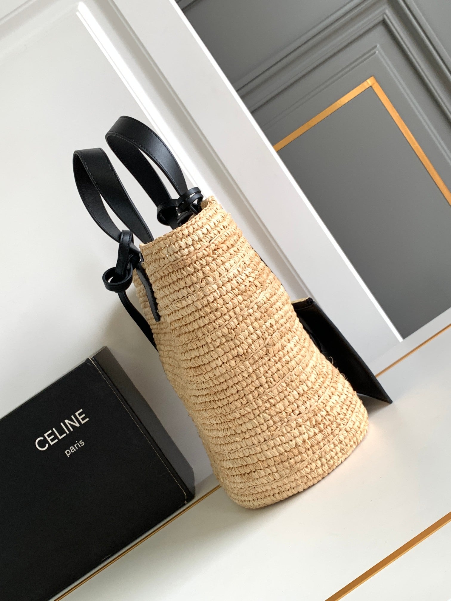SAC CLASSIQUE ADO SOUPLE 21CM EN RAPHIA CUIR DE VEAU NOIR