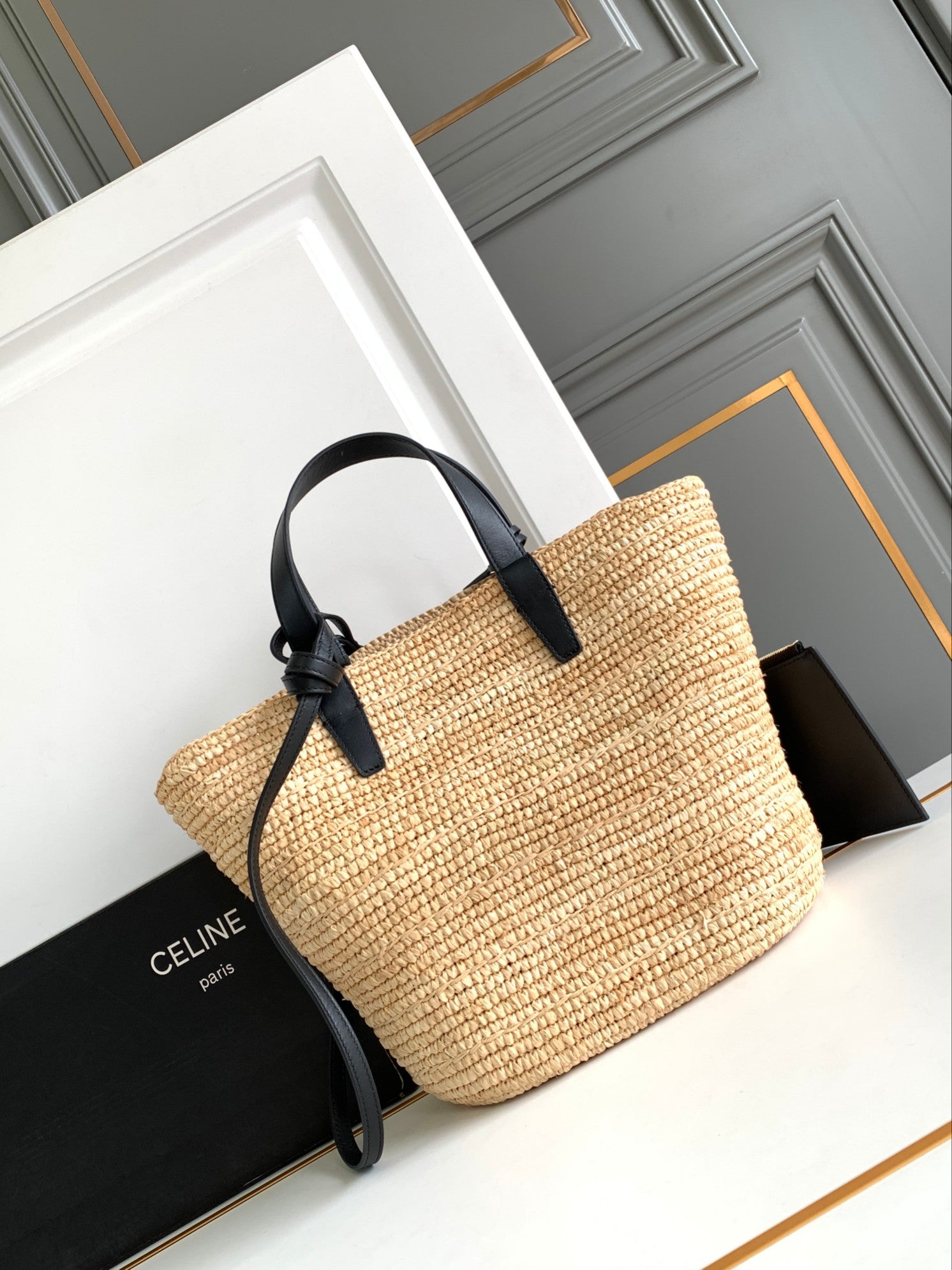 SAC CLASSIQUE ADO SOUPLE 21CM EN RAPHIA CUIR DE VEAU NOIR