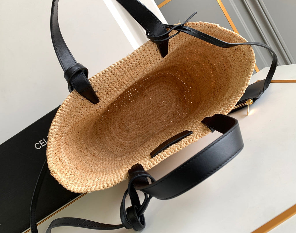 SAC CLASSIQUE ADO SOUPLE 21CM EN RAPHIA CUIR DE VEAU NOIR