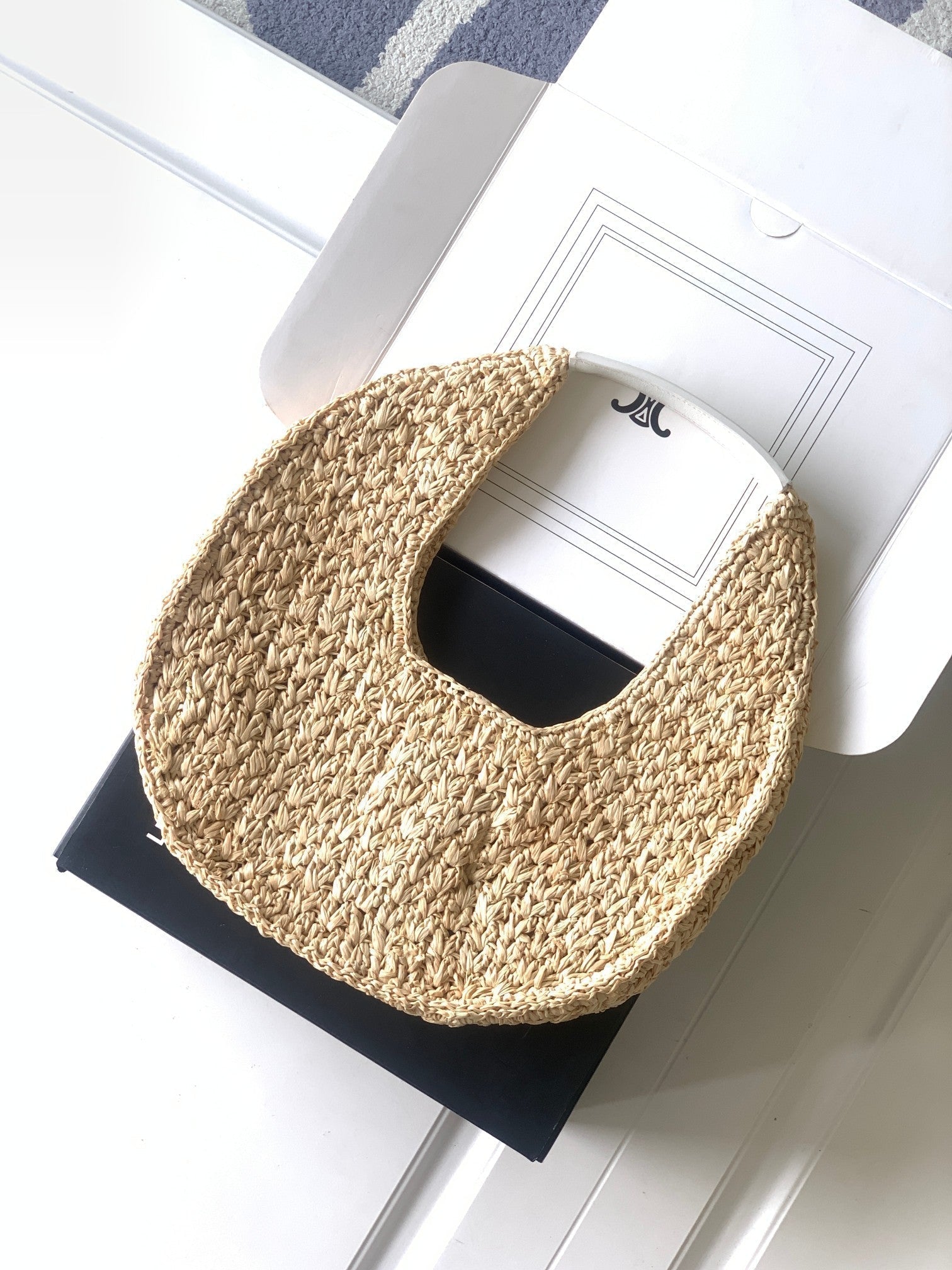 SAC HOBO CELIN CLASSIC PANIER 33CM EN RAPHIA ET CUIR DE VEAU BLANC