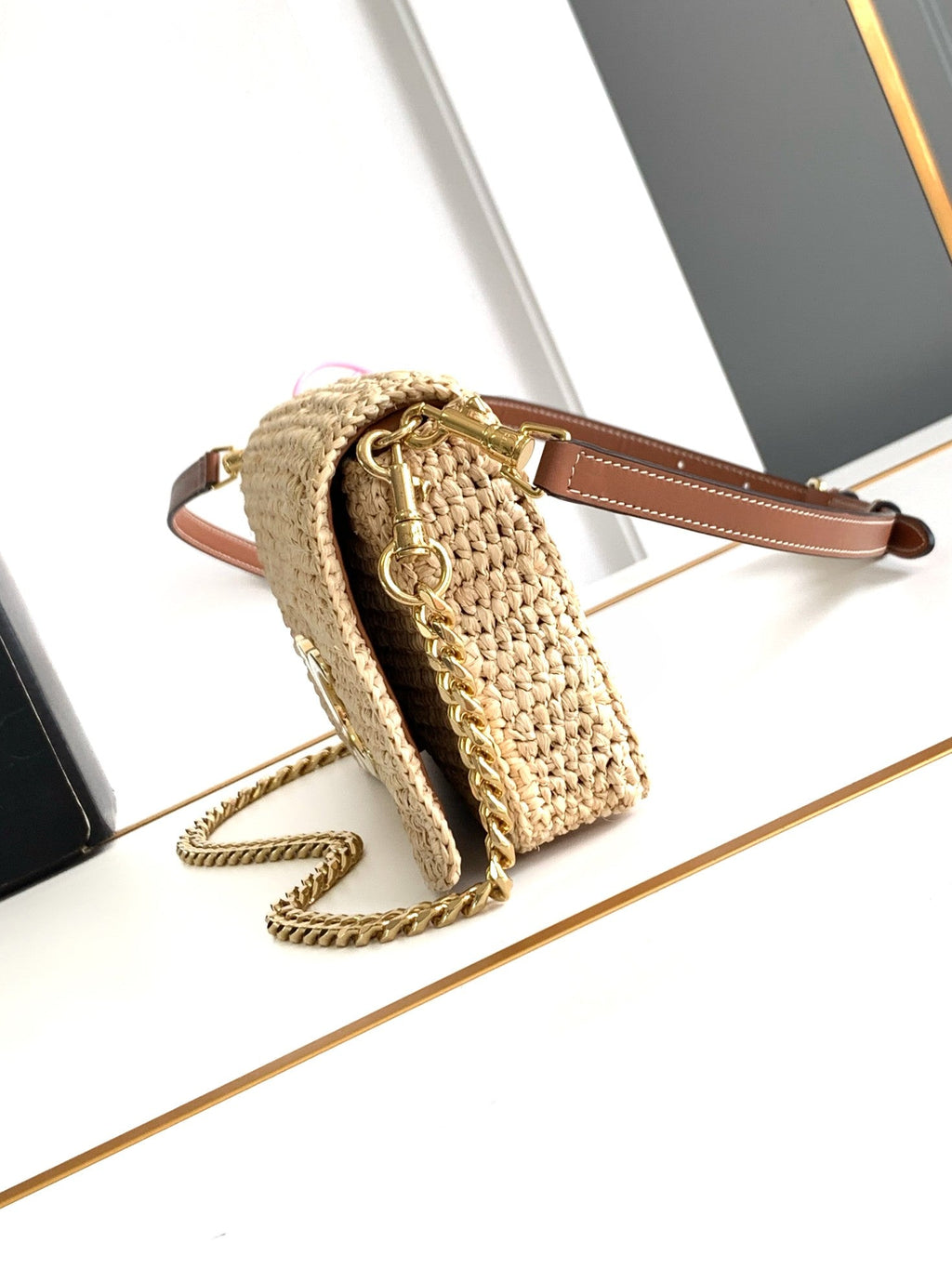 CELIN MULTIPOCHETTE 23 BEIGE RAFFIA TRIMMINGS CALFSKIN