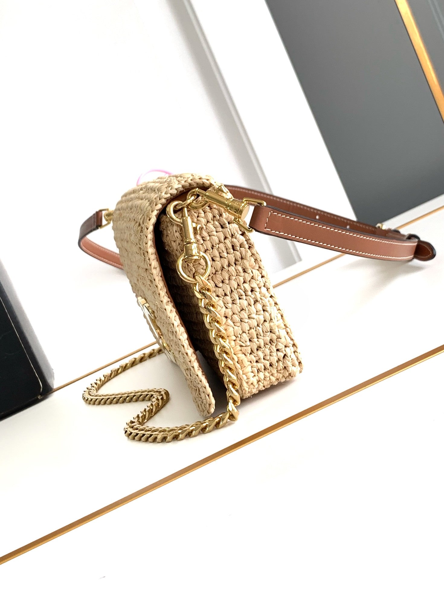 CELIN MULTIPOCHETTE 23 BEIGE RAFFIA TRIMMINGS CALFSKIN