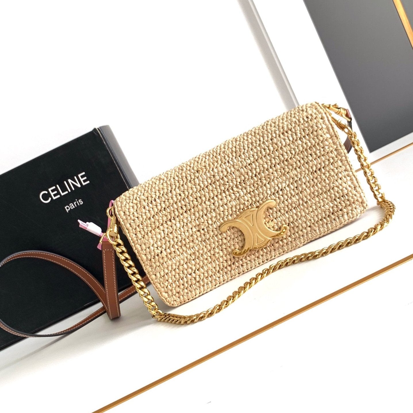 CELIN MULTIPOCHETTE 23 BEIGE RAFFIA TRIMMINGS CALFSKIN