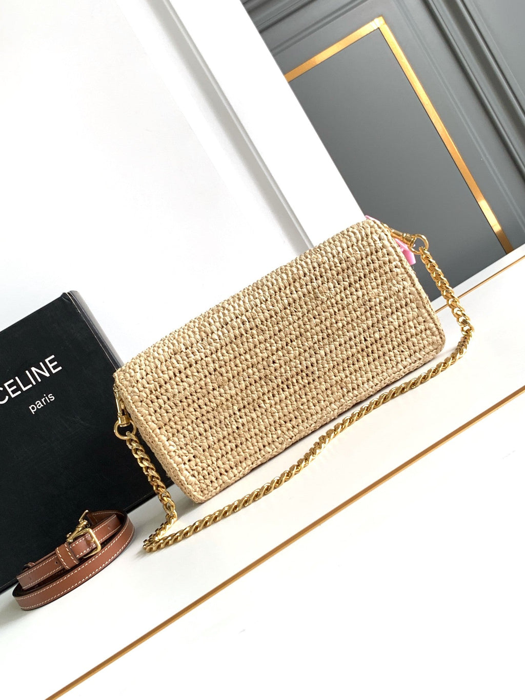 CELIN MULTIPOCHETTE 23 BEIGE RAFFIA TRIMMINGS CALFSKIN
