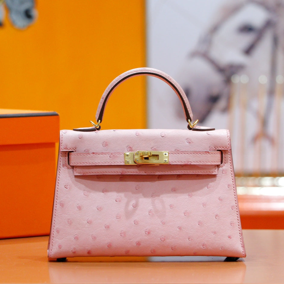 HM MINI KELLY 19CM AUTRUCHE ROSE QUINCAILLERIE DOREE