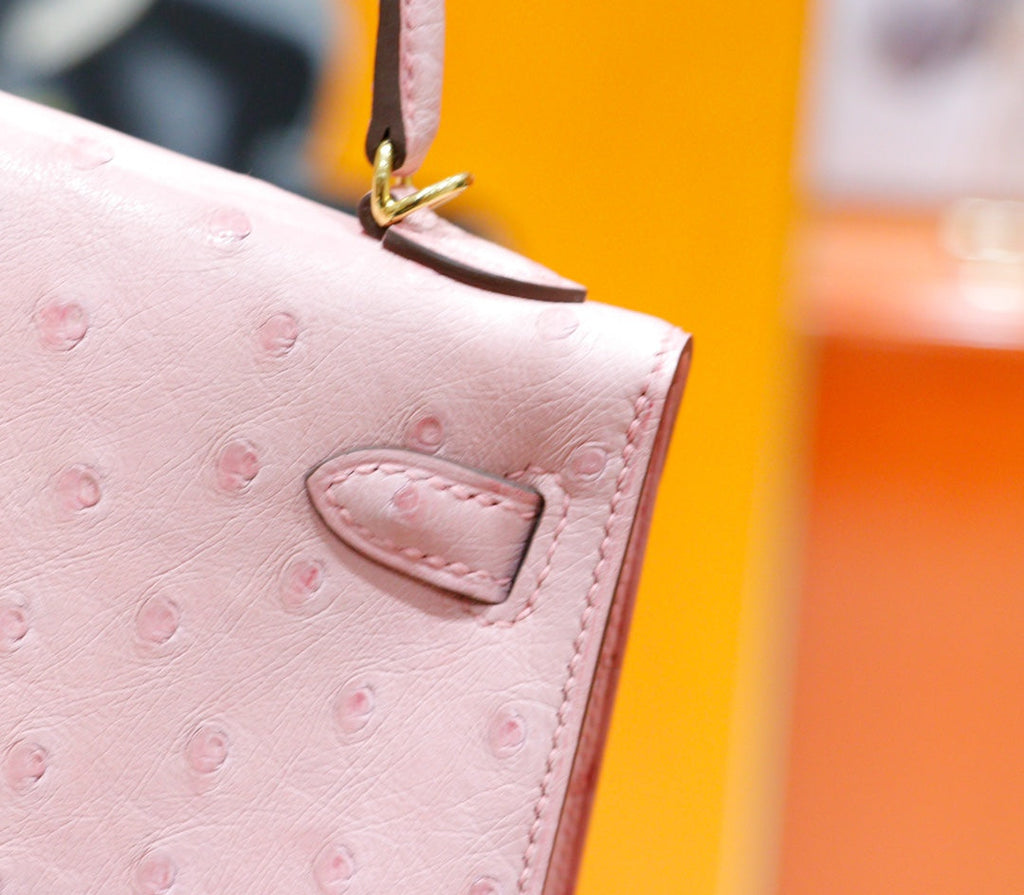 HM MINI KELLY 19CM AUTRUCHE ROSE QUINCAILLERIE DOREE