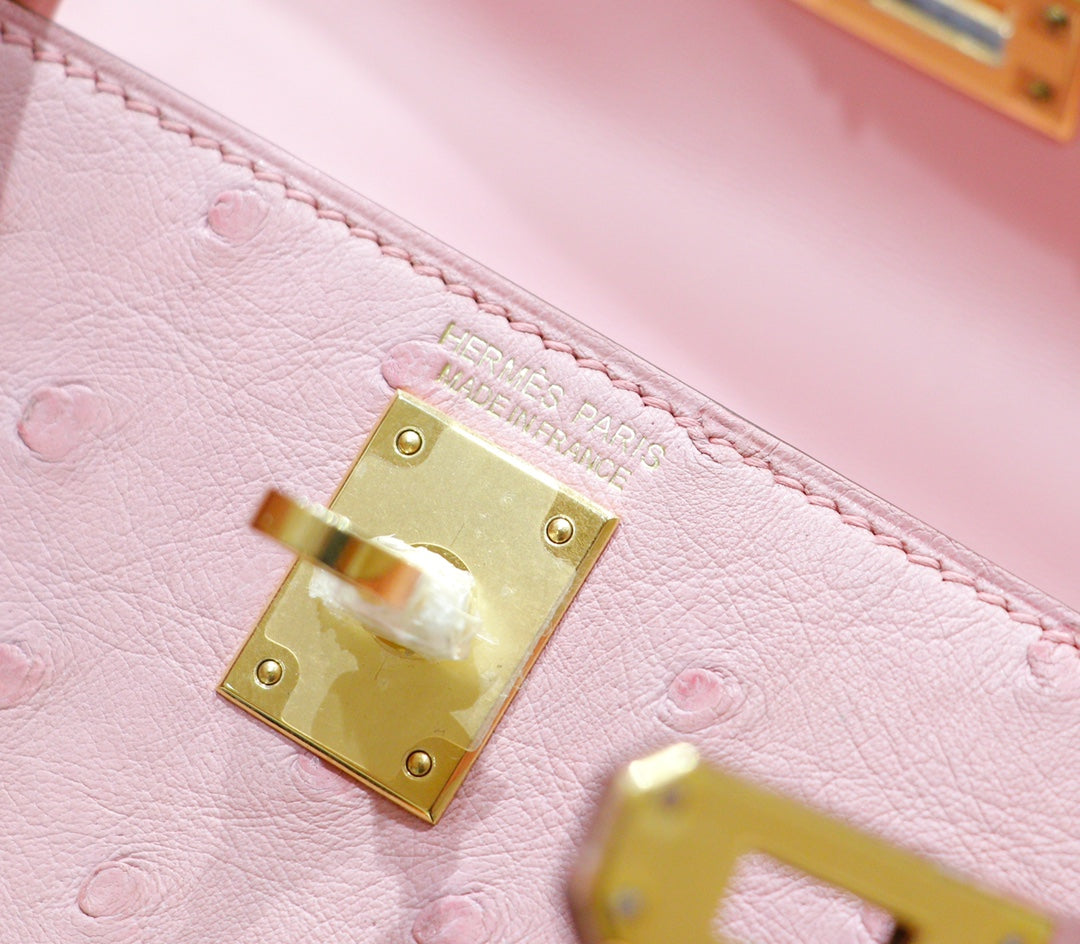 HM MINI KELLY 19CM AUTRUCHE ROSE QUINCAILLERIE DOREE