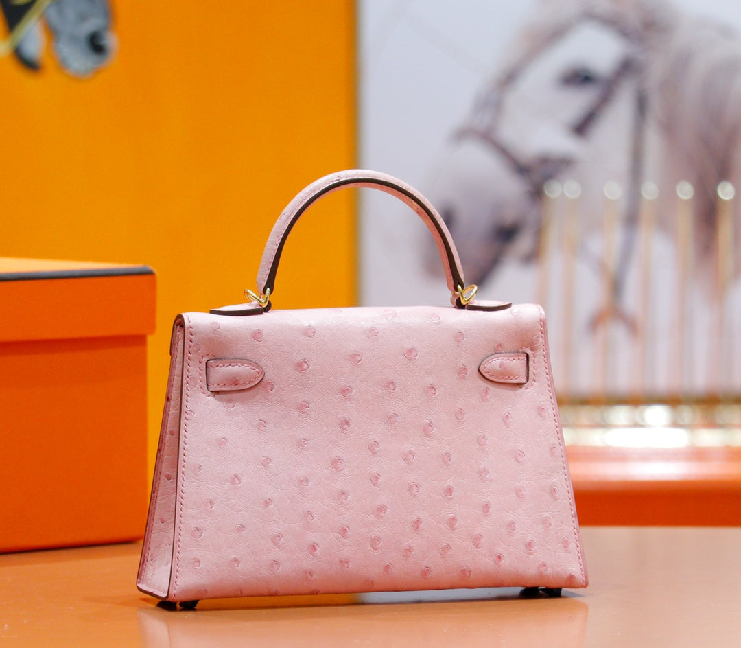 HM MINI KELLY 19CM AUTRUCHE ROSE QUINCAILLERIE DOREE
