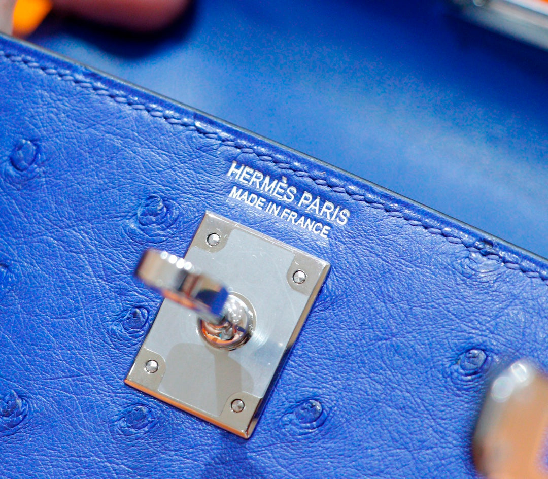 HM MINI KELLY 19CM AUTRUCHE BLEU GREC QUINCAILLERIE ARGENTÉE