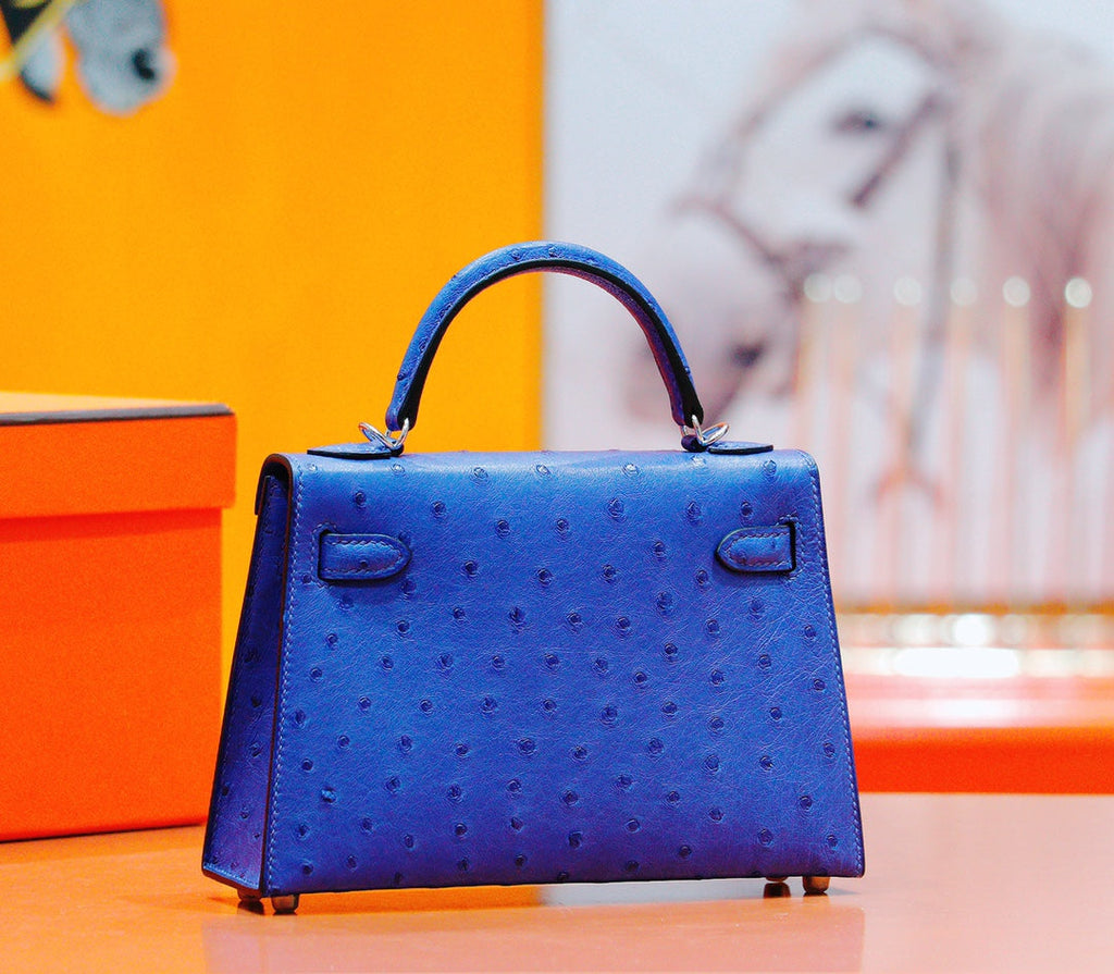HM MINI KELLY 19CM AUTRUCHE BLEU GREC QUINCAILLERIE ARGENTÉE