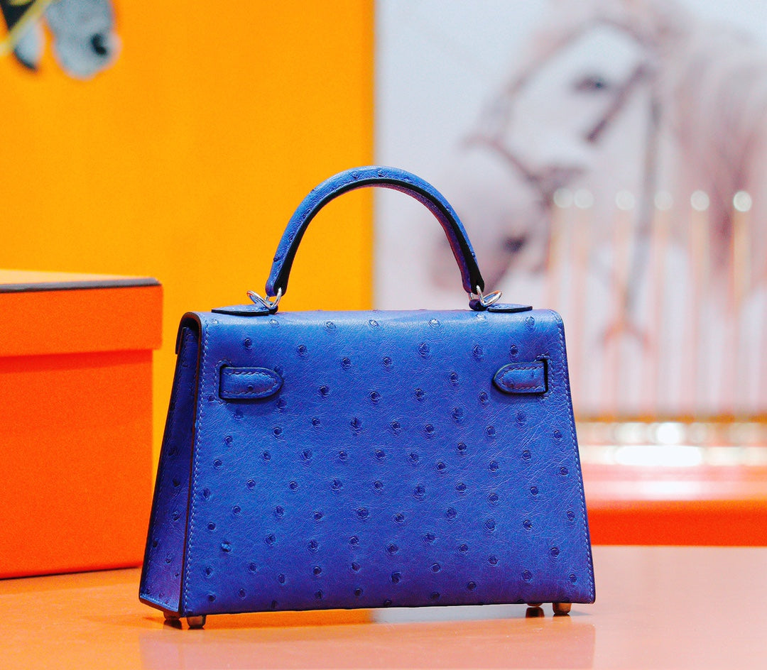 HM MINI KELLY 19CM AUTRUCHE BLEU GREC QUINCAILLERIE ARGENTÉE