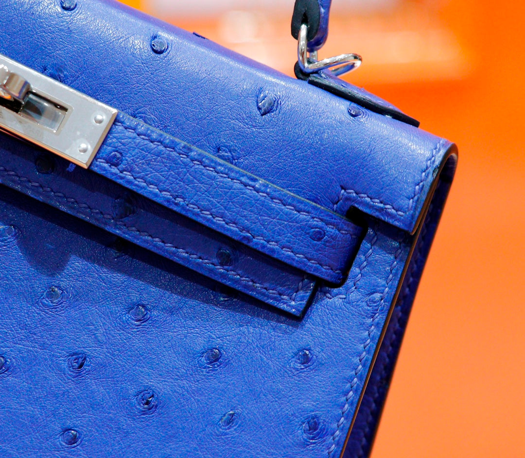 HM MINI KELLY 19CM AUTRUCHE BLEU GREC QUINCAILLERIE ARGENTÉE
