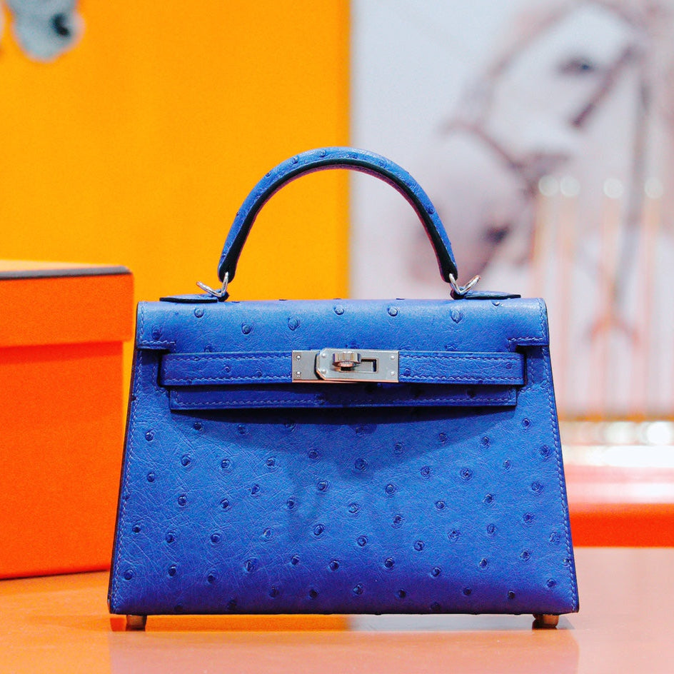 HM MINI KELLY 19CM AUTRUCHE BLEU GREC QUINCAILLERIE ARGENTÉE