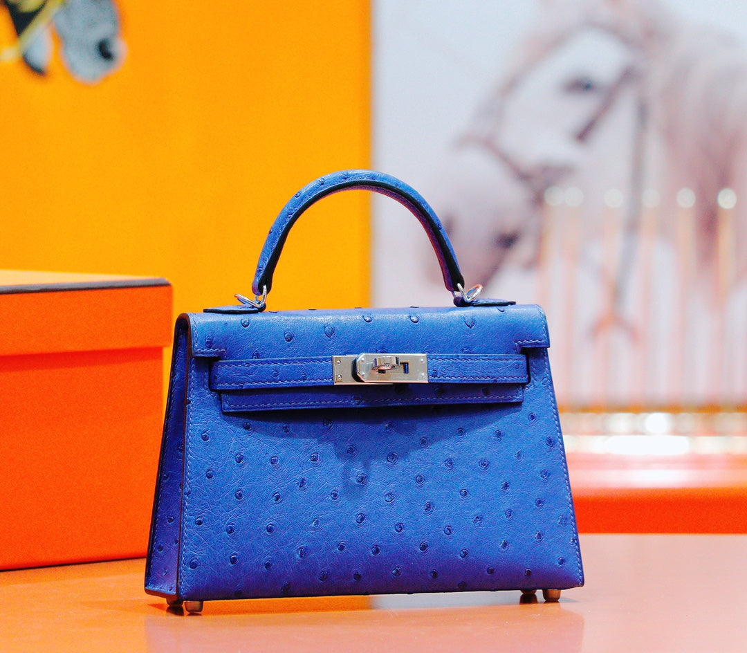 HM MINI KELLY 19CM AUTRUCHE BLEU GREC QUINCAILLERIE ARGENTÉE