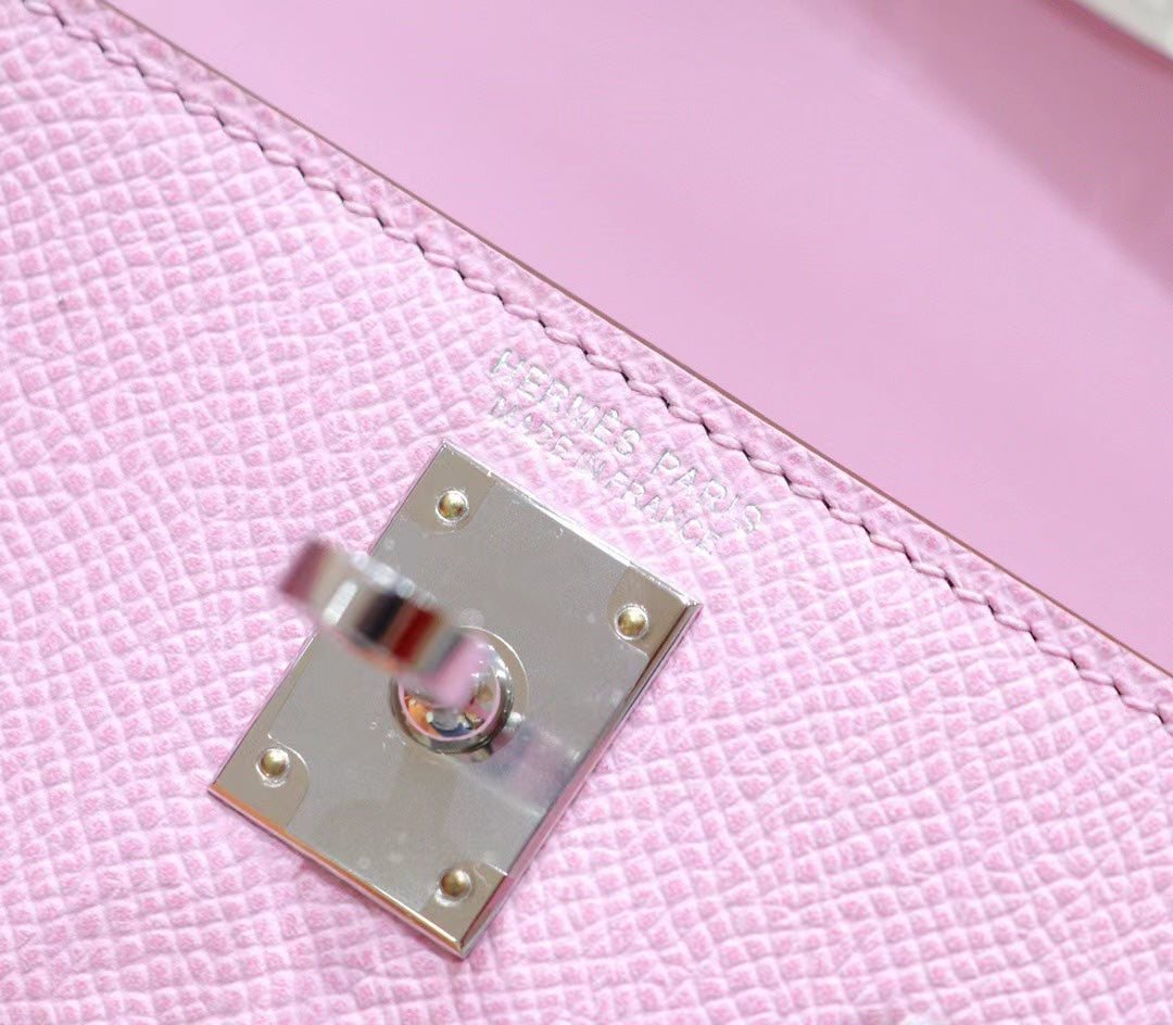 HM MINI KELLY 19CM ROSE EPSOM QUINCAILLERIE ARGENTÉE
