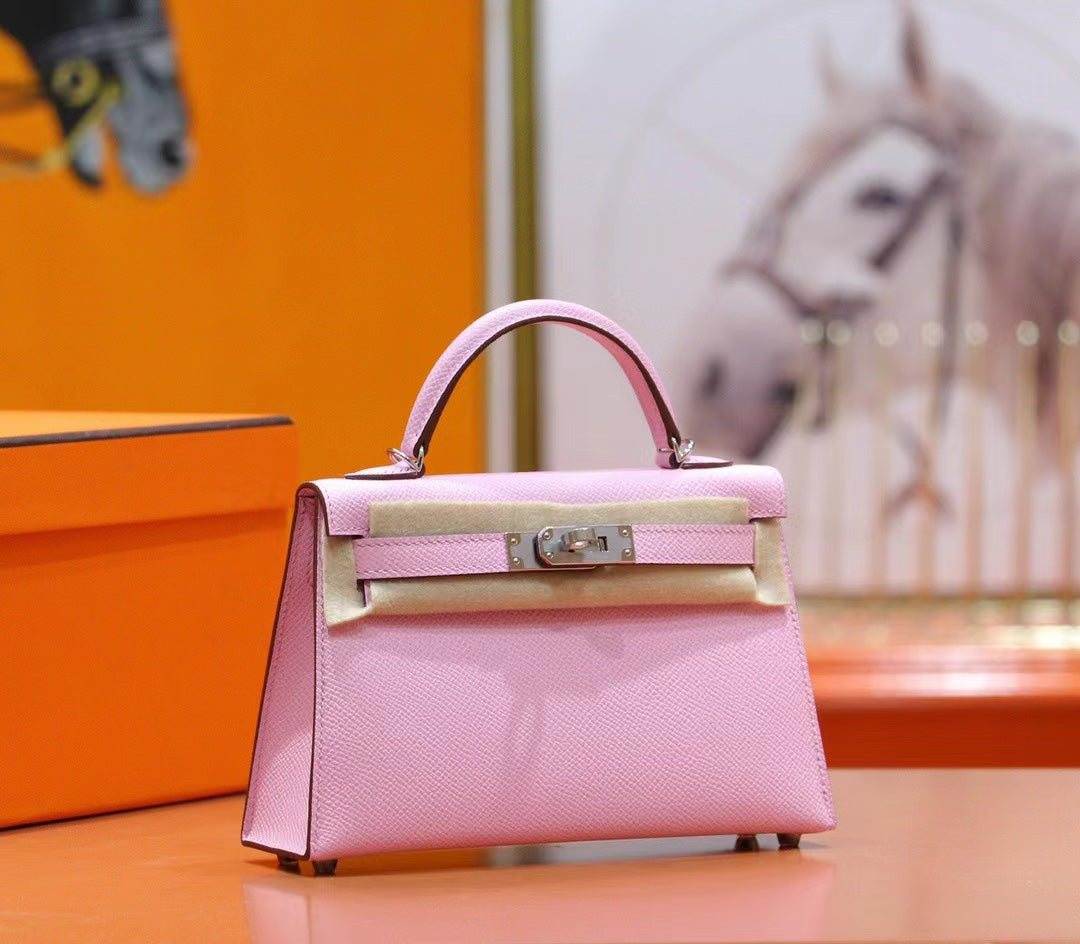 HM MINI KELLY 19CM ROSE EPSOM QUINCAILLERIE ARGENTÉE
