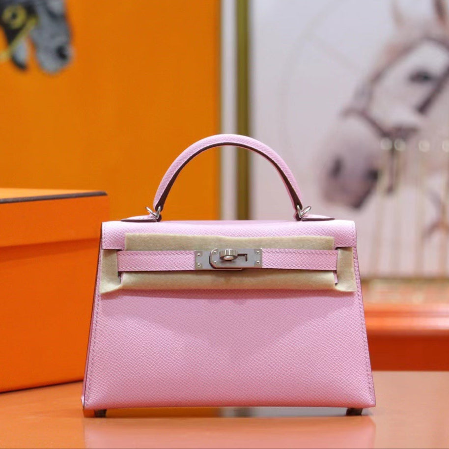 HM MINI KELLY 19CM ROSE EPSOM QUINCAILLERIE ARGENTÉE