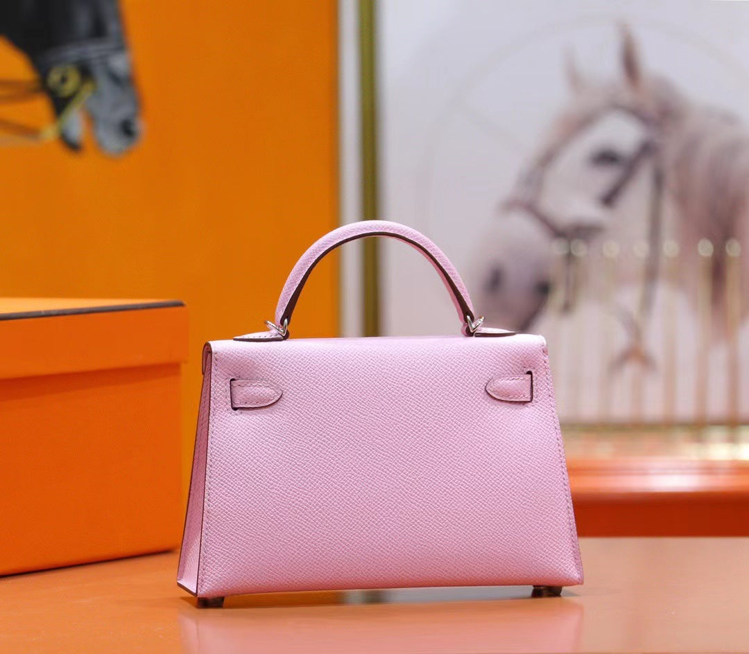 HM MINI KELLY 19CM ROSE EPSOM QUINCAILLERIE ARGENTÉE