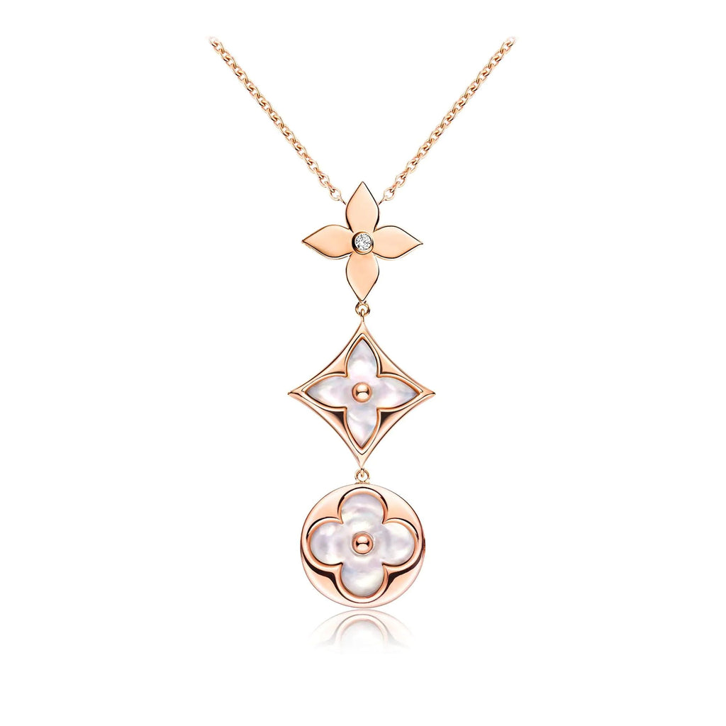COLOR BLOSSOM LARIAT NECKLACE ROSE GOLD WHITE MOTHER PEARL AND DIAMOND