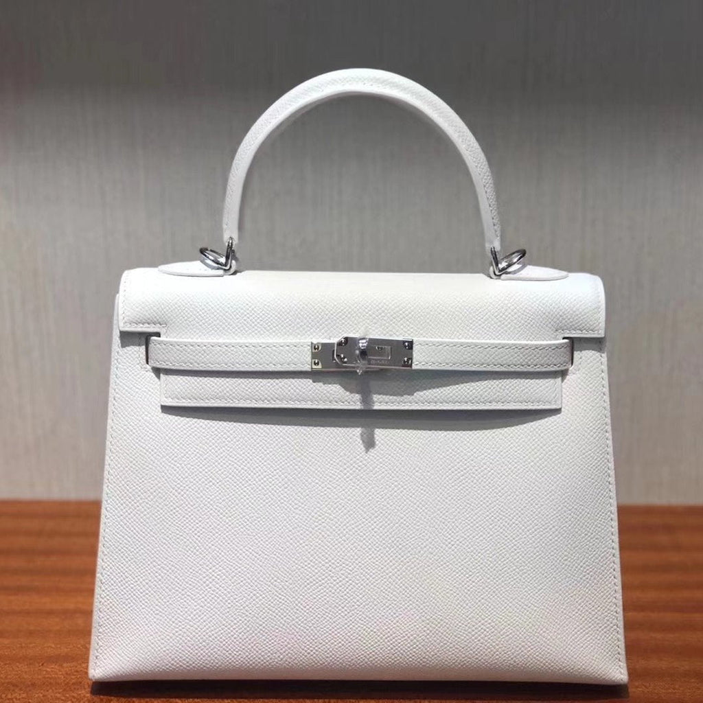 HM KELLY 25CM CUIR EPSOM BLANC PUR QUINCAILLERIE ARGENTÉE