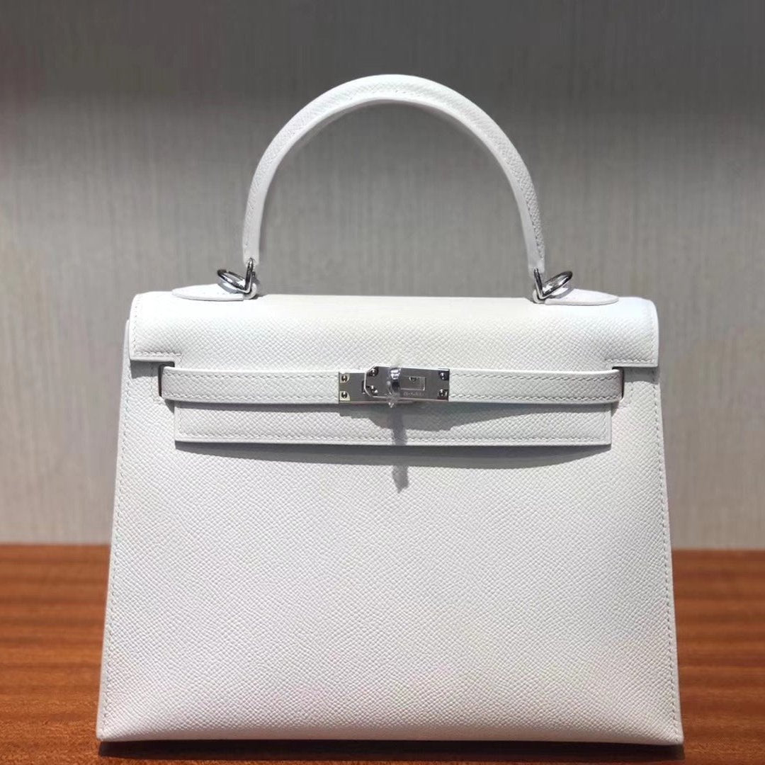 HM KELLY 25CM CUIR EPSOM BLANC PUR QUINCAILLERIE ARGENTÉE