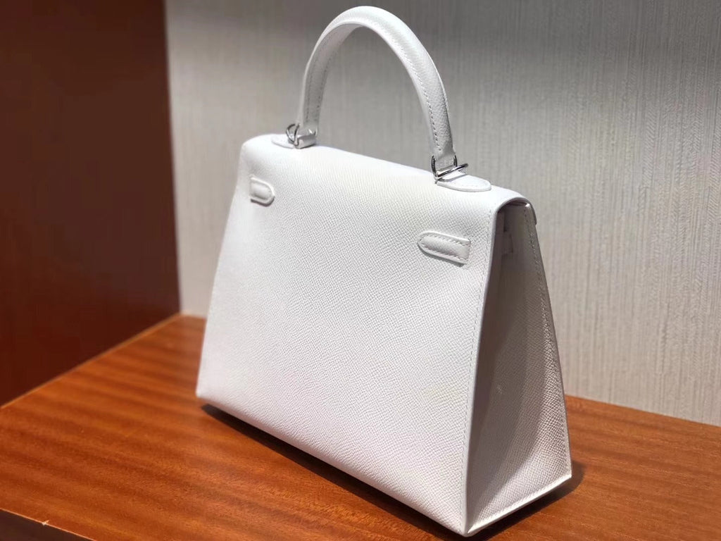 HM KELLY 25CM CUIR EPSOM BLANC PUR QUINCAILLERIE ARGENTÉE