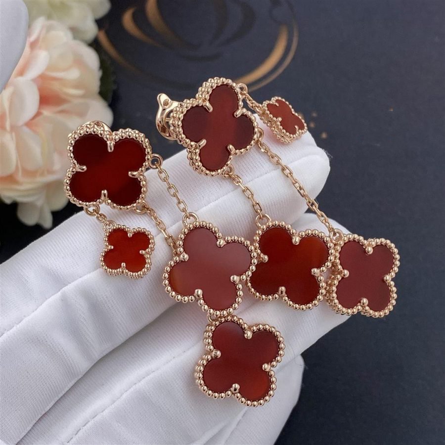 BOUCLES D'OREILLES TRÈFLE CORNALINE 4 MOTIFS OR ROSE