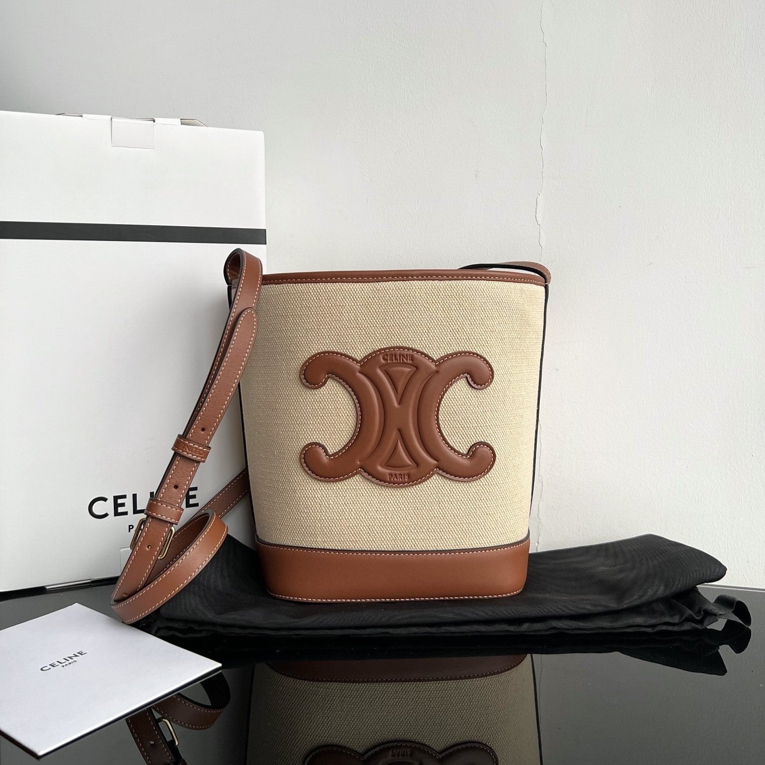 PETIT SEAU CUIR TRIOMPHE 24CM EN TEXTILE RAYÉ ET CUIR DE VEAU BRUN